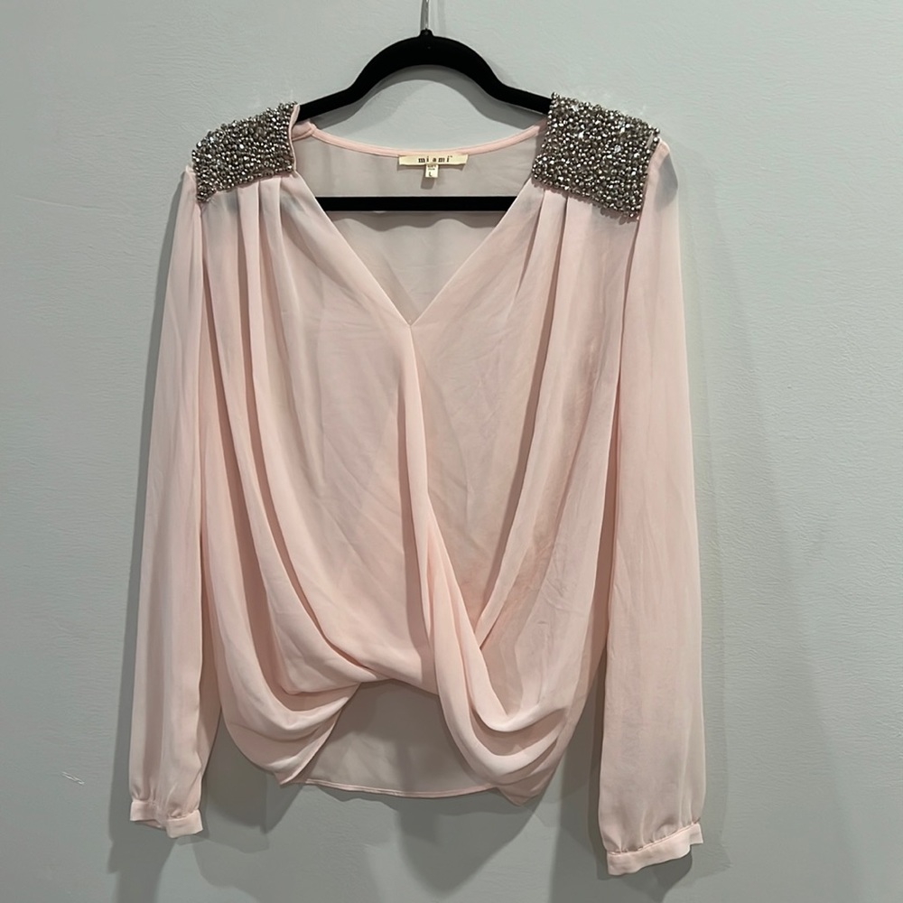 Pink blouse with silver beaded shoulder detail